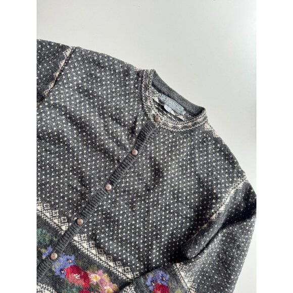 Vintage 00's ICELANDIC DESIGNS 100% Wool Knit Birdseye Floral Cardigan, Size M - Picture 6 of 15